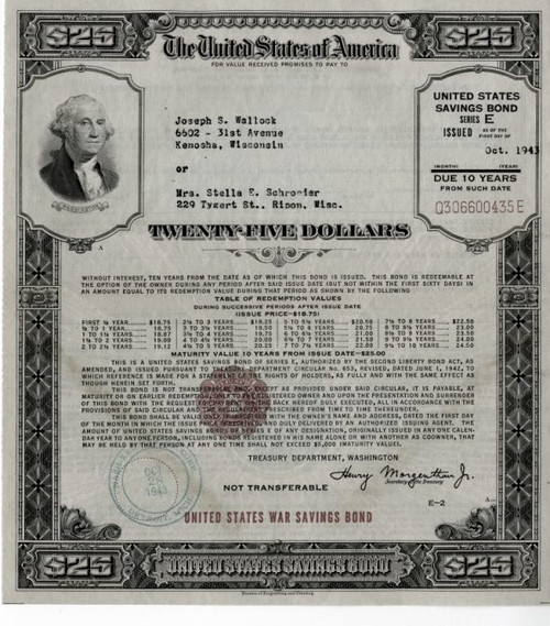 United States $25 War Savings Bond - Large Size - WWll 1942,1943