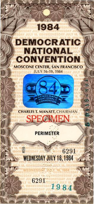Democratic National Convention Specimen Pass - San Francisco, California 1984
