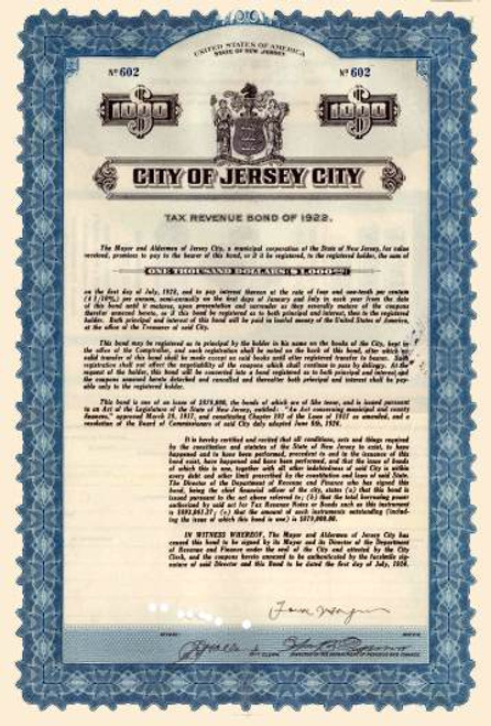 City of Jersey City Tax Revenue Bond 1926 - Signed by Mayor Frank "I am the Law" Hague