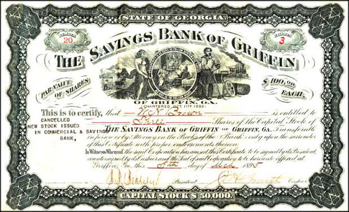Savings Bank of Griffin - Griffin is the Birthplace of Doc Holliday  (Great Picture on Certificate) , Georgia 1895