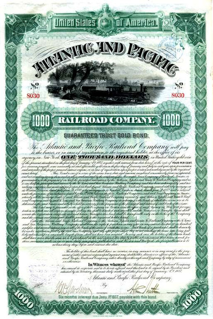 Atlantic and Pacific Railroad Company $1000 Gold Bond - New York 1887