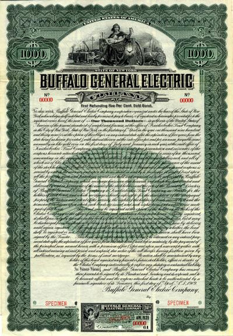 Buffalo General Electric Company - $1000 Gold Bond Certificate - New York 1909