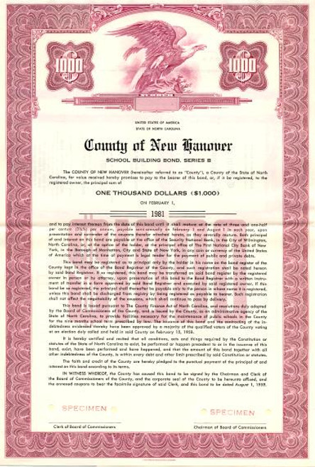County of New Hanover Community College Bond - North Carolina 1958