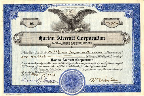 Horton Aircraft Corporation ( Securities Fraud Action by SEC)  - Nevada 1953
