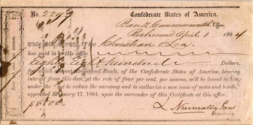 Bond Receipt  - Confederate States of America - Richmond, Virginia 1864