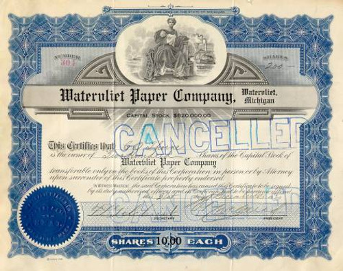 Watervliet Paper Company Stock 1920's - Blue - Michigan