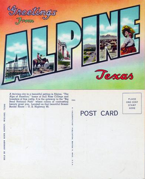 Postcard with Greetings from Alpine, Texas