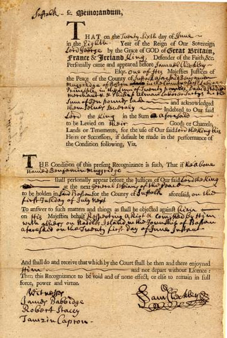 Court Appearence Document for Rioting on Naddles Island - Boston, Suffolk County  1768