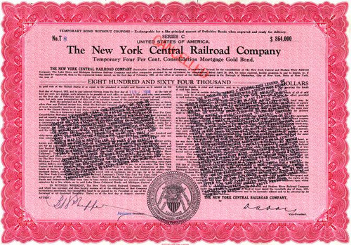 New York Central Railroad Company $864,000 Bond - United States 1913 New York Central Railroad Company $864,000 Bond - United States 1913