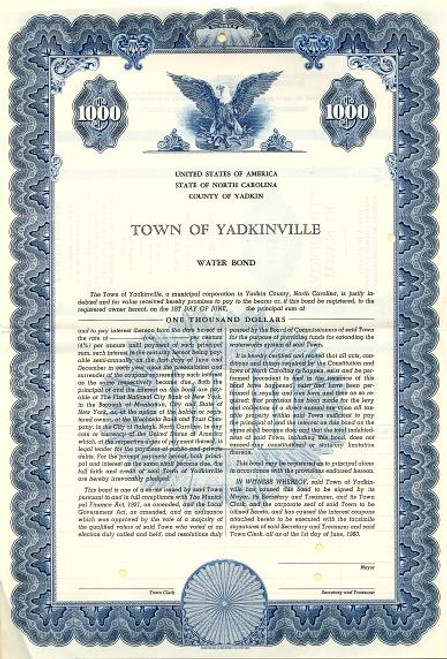 County of Yadkinville Water Bond - North Carolina 1960