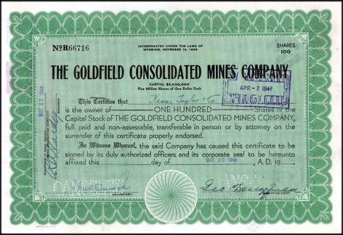 Goldfield Consolidated Mines Company handsigned by Business Kingpin, George Wingfield ("Owner and Operator of Nevada.") - 1946 Goldfield Consolidated Mines Company handsigned by Business Kingpin, George Wingfield ("Owner and Operator of Nevada.") - 1946