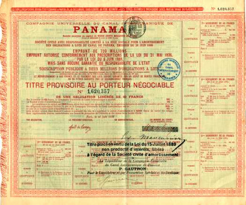 Bankrupt French Panama Canal Liquidation Bond dated 1889 - 19th Century Scandal