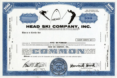 Head Ski Company, Inc. with Howard Head as Chairman - RARE Specimen - Delaware 1970