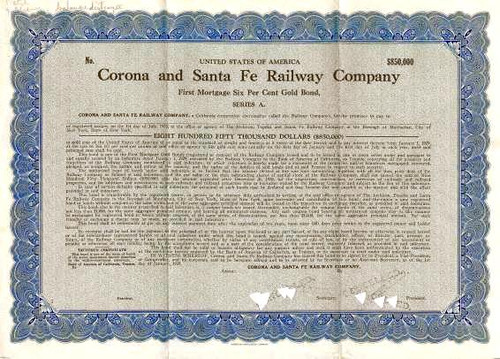 Corona and Santa Fe Railway Company - California 1929