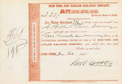 New York and Harlem Rail-Road Company with image of Train on Certificate signed by Original Wall Steet Bear, Jacob Little - 1851