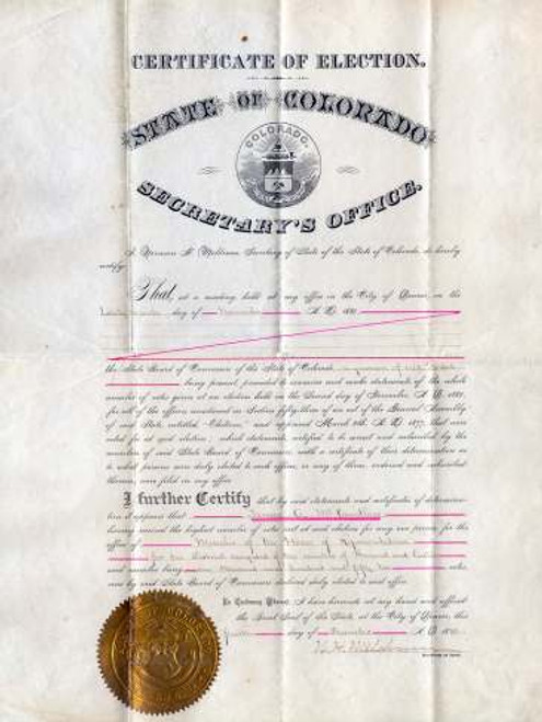 Certificate of Election State of Colorado 1880