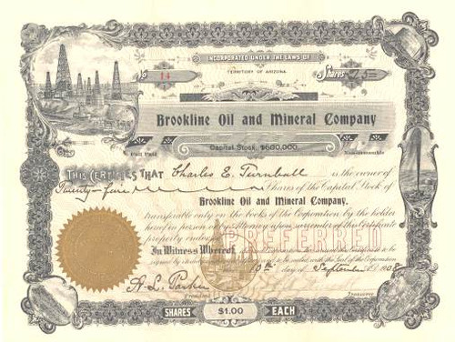 Brookline Oil and Mineral Company 1908 - Terrotory of Arizona