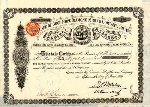 Cape of Good Hope Diamond Mining Company, Limited Founders Share - England 1881