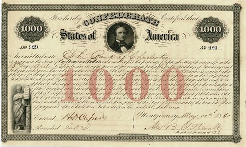 Confederate States of America Jefferson Davis $1,000 Bond - Rare Ball #16 - Montgomery, 1861 - Sold