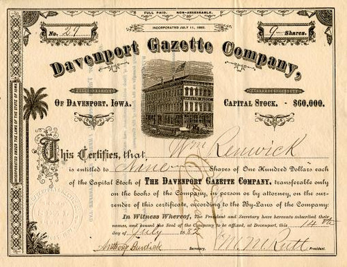 Davenport Gazette Company - Iowa 1882