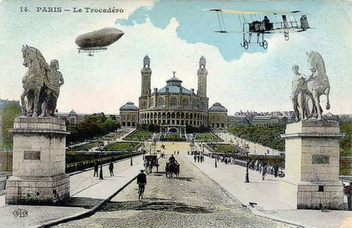 Paris Colored Photo postcard of Bi Plane and Zeppelin Paris Colored Photo postcard of Bi Plane and Zeppelin
