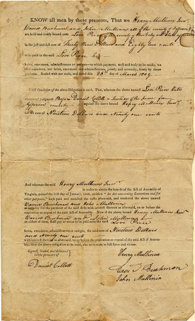 Jefferson County Bond Document - Virginia ( Pre West Virginia) 1809