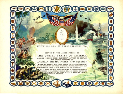 ' World War II Original Military Service Certificate - 1945 - Brilliant Colors