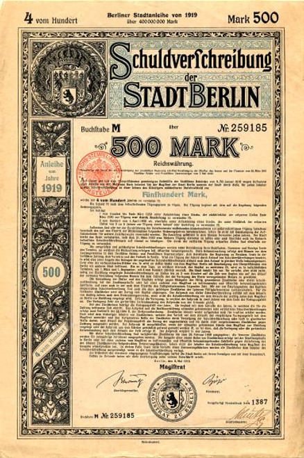 Schuldverfchreibung der Stadt Berlin 500 Mark (WWI) - Germany 1919
