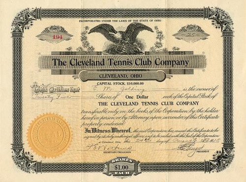 Cleveland Tennis Club Company - Ohio 1915