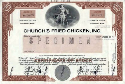 Church's Fried Chicken, Inc. (Specimen Stock Certificate) - Texas 1983