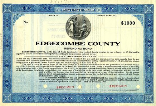 Edgecombe County Refunding Bond - North Carolina 1935