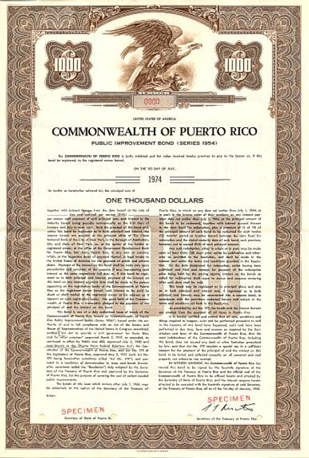 Commonwealth of Puerto Rico Public Improvment Bond - Puerto Rico 1954