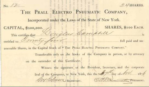 Prall Electro Pneumatic Company - New York 1876