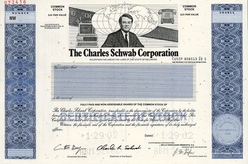 Charles Schwab Corporation (Rare specimen certificate)  - Delaware - SOLD