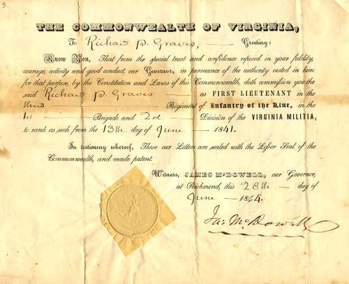 Officer Commission  1841 signed by Virginia Governor James McDowell