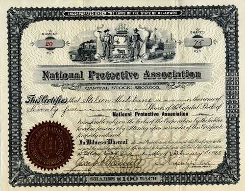 National Protective Association issued to and signed by Stilson Hutchins (Washington Post Founder) - 1903