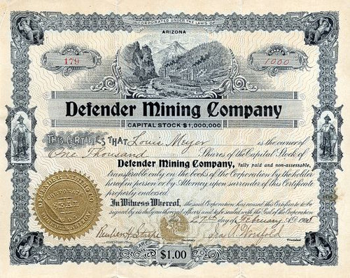 Defender Mining Company - Arizona 1905