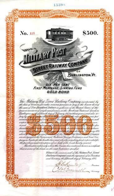 Military Post Street Railway Bond Certificate - Burlington, Vermont - 1895