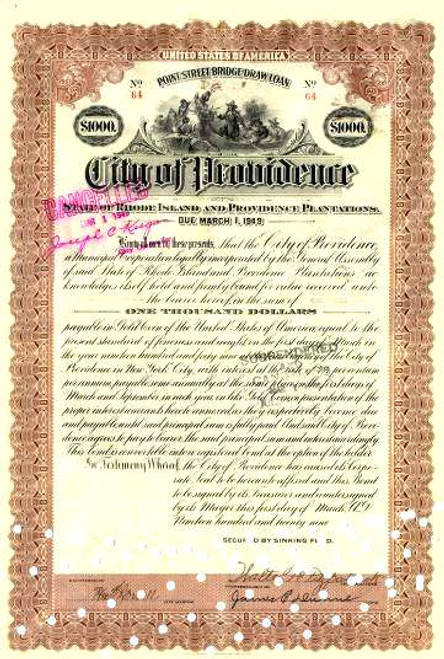 City of Providence Point Street Bridge Draw Loan 1929 - Gold Bond