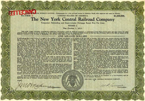 New York Central Railroad Company $1,000,000 Bond - United States 1921