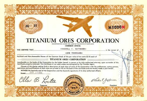 Titanium Ores Corporation 1954 - Early Titanium Jet Bomber in Vignette