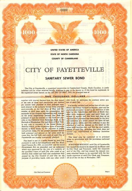 City of Fayetteville Sanitary Sewer Bond - North Carolina 1957
