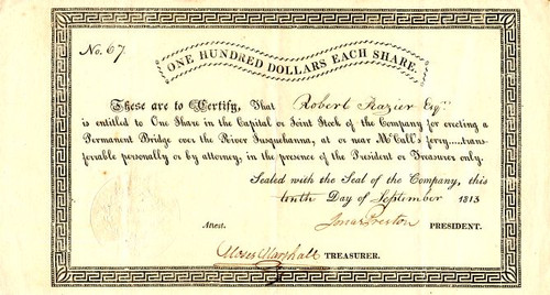 Susquehanna Bridge Company signed by Jonas Preston  - 1813