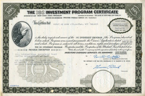 IOS Investment Program Certificate ( Bernie Cornfeld as Chairman) - 1970