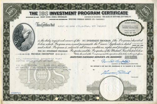 IOS Investment Program Certificate ( Bernie Cornfeld as Chairman) - 1970 IOS Investment Program Certificate ( Bernie Cornfeld as Chairman) - 1970