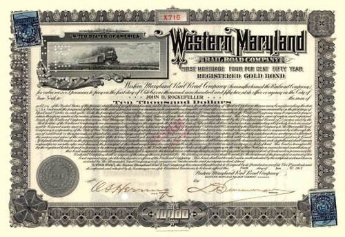 Western Maryland Railroad Company $10,000 Gold Bond Certificate issued to John D. Rockefeller  -1917