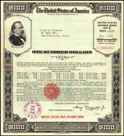 United States $100 War Savings Bond - Large Size - 1942 - 1943