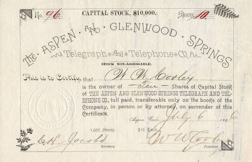 Aspen and Glenwood Springs Telegraph and Telephone Company - Colorado 1886
