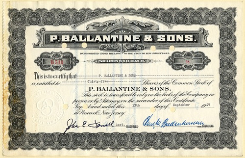 P. Ballantine & Sons (Famous Beer Company)  signed by Carl Badenhausen - Newark, New Jersey - 1949