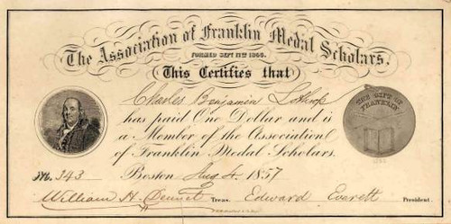 Association of Franklin Medal Scholars 1857 - Signed by Hon. Edward Everett